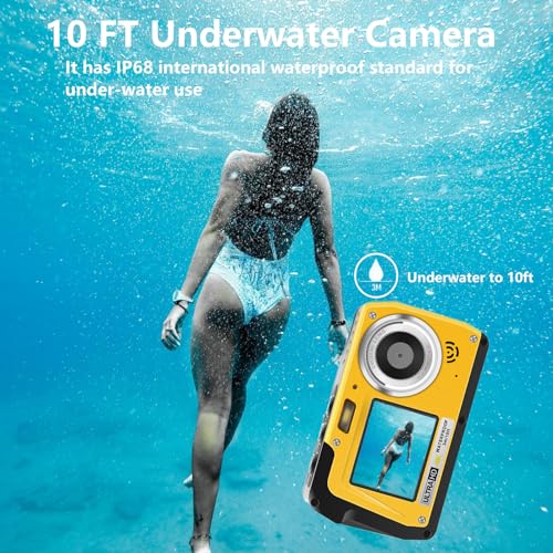 4K Underwater Camera, Full HD 4K&48MP Compact, 10FT Waterproof Camera for Snorkeling, Surfing, Rafting, Dual-Screen for Selfie/16X Digital Zoom/Fill Light/Support 128GB （Yellow） Yellow