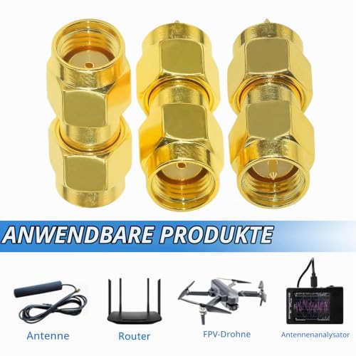 Tuolnk Set of 3 Coaxial Connectors SMA Male to RPSMA Male Coaxial RF Adapter Straight RF Coaxial Connection for Wireless Extension Cable Router Pack of 3 SMA male to RPSMA male