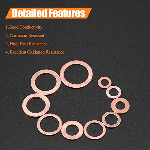 HELIFOUNER copper metric flat sealing washers assortment kit, 10 sizes M5–M16, 220 pieces in organizer box