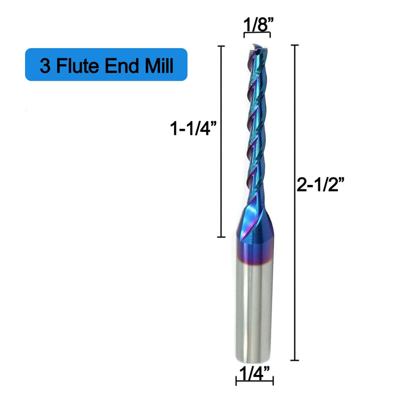 2 PCS CNC Router Bit 3 Flutes 1/8 inch Cutting Dia 1/4 inch Shank Extra Long Spiral CNC Router Bits Solid Carbide End Mill with NACO Coating for Wood Cut Carving 2