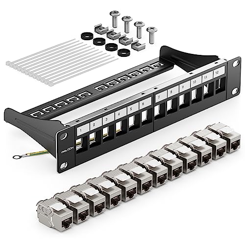deleyCON 12-Port CAT7 Patch Panel Set 10 Inch 1U 10 Gbit/s - Black | Modular patch panel distribution panel, rack-mountable with 12x CAT 7 Keystone Modules RJ45, LAN network, 600 MHz, installation cable, black (RAL 9005 jet black)