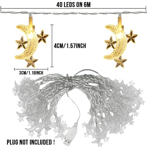MUCHER Moon Star Fairy Lights, 6M 40Pcs LED USB Powered String Lights, Decoration Lightning for Christmas Wedding Birthday Valentine Party Bedroom Indoor&Outdoor (Warm White) Moon & Star