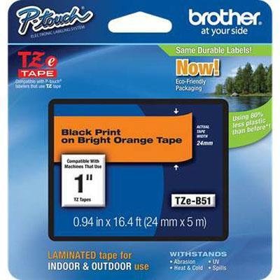 TZEB51 Brother P-Touch TZe 1inch Laminated Lettering Tape - 15/16inch - Direct Thermal - Fluorescent Orange - 1 Each