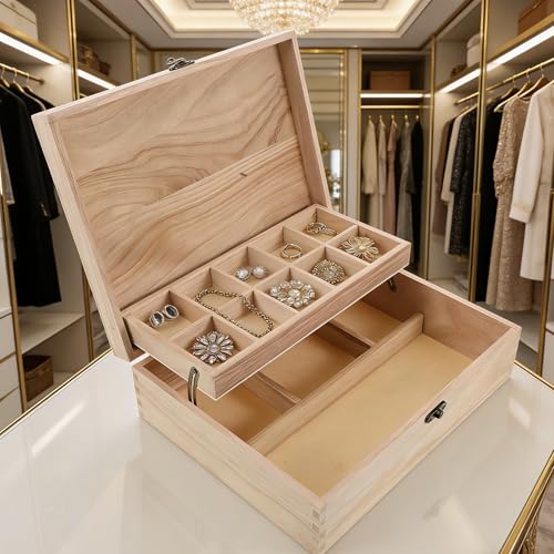 Unfinished Jewelry Box DIY Wooden Trinket Wood Storage Box Keepsake Jewelry with Locking Clasps for Rings Earrings Necklaces