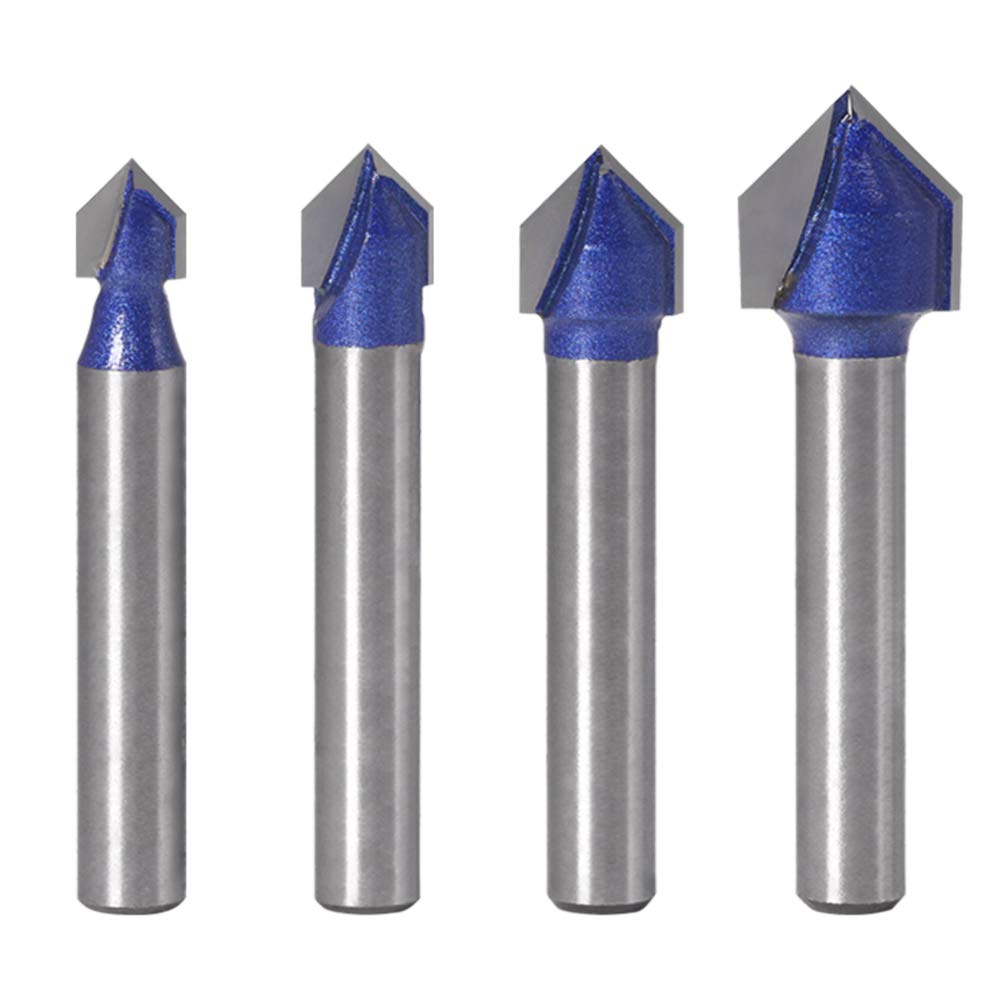 Yakamoz Industrial Grade 1/4-Inch Shank 90 Degree V Groove Router Bit Set CNC Engraving V Grooving Bit Cutter for 3D Signmaking Lettering Carving Woodworking Tool, Cutting Dia. 1/4", 5/16", 3/8", 1/2" V Groove Router Bits