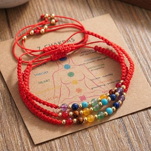 Colorful Healing Crystal Inspirational Seven Chakras Beaded Bracelets for Women,Adjustable Relaxation Energy Inner Peace Rope String Jewelry,Vacation FriendShip Gift 3Pcs Red