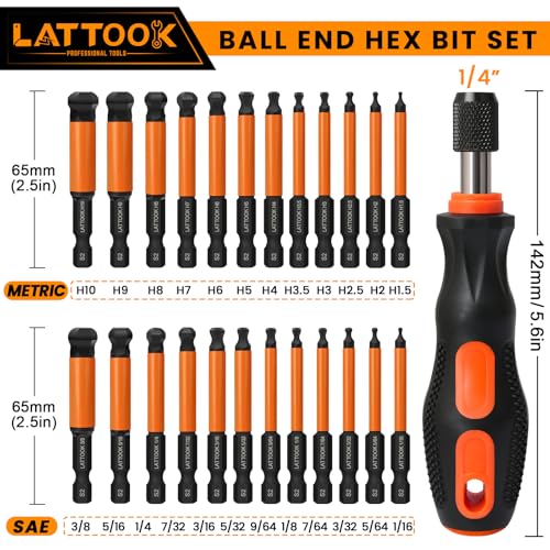 LATTOOK 24-piece metric and SAE ball end hex bit set with 2.5-inch bits and quick change bit driver