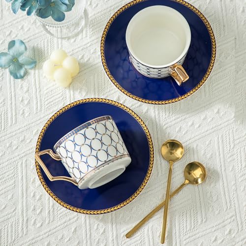 CwlwGO-Bone China Cups & Saucers Set 2, (7 oz) with Gold Spoon and Gifts Box, White Tea Cups Sets, Cappuccino Cups, Ceramic British Coffee Cup Set. blue white-2
