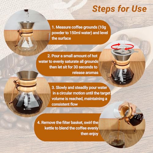 Coffee Pour Over 27.1oz 800ml High Borosilicate Glass Pour Over Clear with Stainless Steel Filter 27.1 OZ