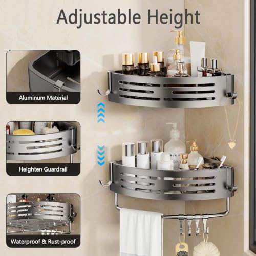 NOETICUS Corner Shower Caddy, 2 Pack Aluminum Alloy Shower Shelves with Adhesive Stickers, No Drilling, Removable Organizer with Towel Bar & Hooks