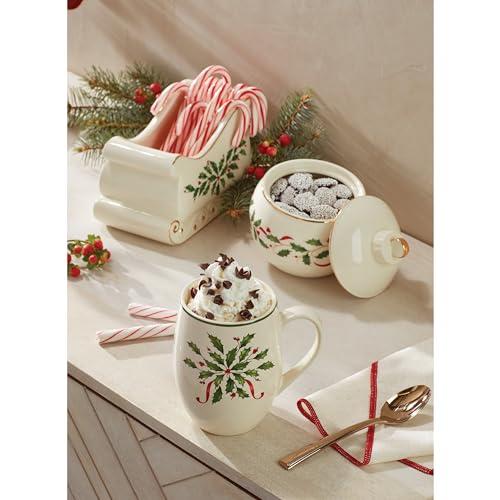 Lenox Holiday Christmas Ornament Candy Jar cookie jar with festive holiday design and decorative ribbon, perfect for holiday treats.