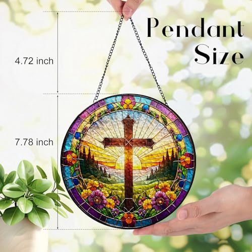 Easter Christian Religious Cross and Floral Design Suncatcher -7.9 in Stained Glass Window Hanging Sun Catcher Garden Decor White
