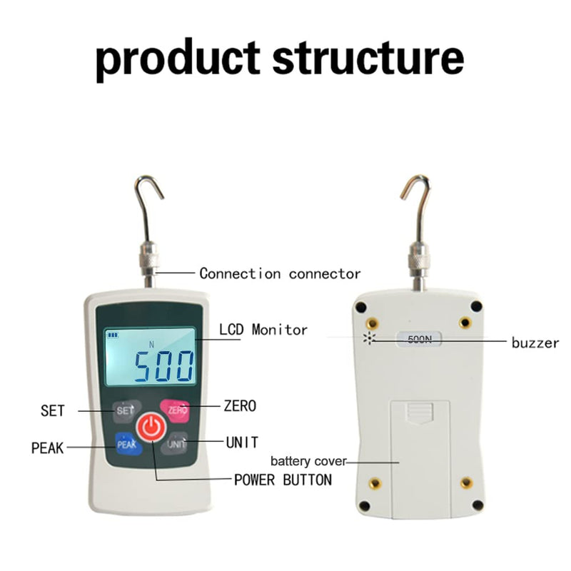 [Australia - AusPower] - Digital Force Gauge 500N/ 50kg/ 110Lb/ 1760oz Portable Push Pull Force Meter Unit Switchable Backlit Mini Dynamometer with 6 Fixture Heads, Storage Case, Auto Power off 