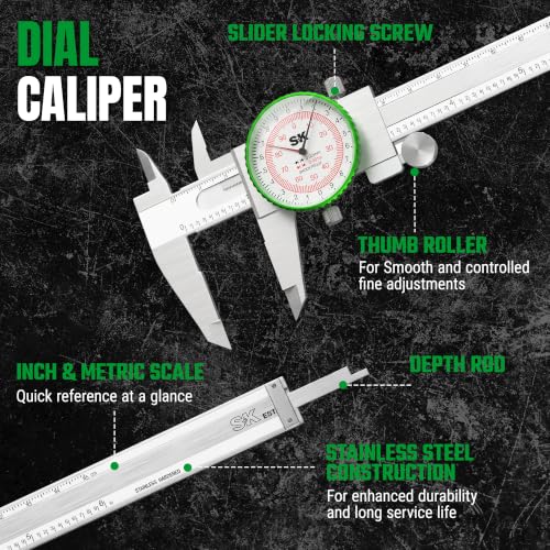 SK 6-inch dial caliper measuring tool with 0.001-inch accuracy and 150mm measurement scale