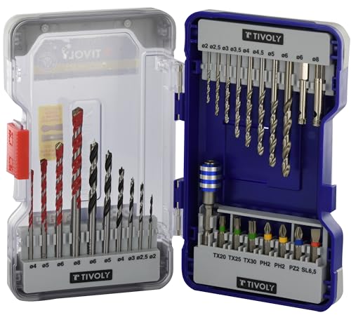 TIVOLY 28-piece metal, concrete and wood drill bit set with quick-change screwdriver bit holder