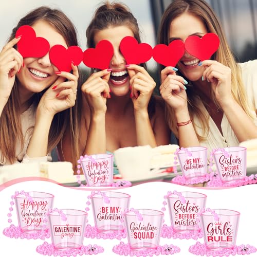 FoldTier 24 Set Galentine's Day Shot Glass on Beaded Necklace Pink Heart Shaped Shot Glasses Cute Plastic Galentines Gang Cups Necklaces Set for Bachelorette Valentines Wedding Party Favors