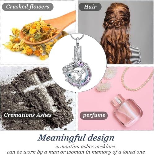 zeqingjw Crystal Hummingbird Cremation Urn Necklaces for Ashes Stainless Steel Urn Jewelry for Human Pets Keepsake Jewelry for Loved Ones Purple-Silver