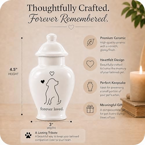 Small Dog Urn for Ashes, Mini Ceramic Pet Keepsake Urn, White Scandinavian Dog Memorial Urn with Lid, 4.5 Inch Pet Ashes Urn for Loss of Dog, Forever Loved Design