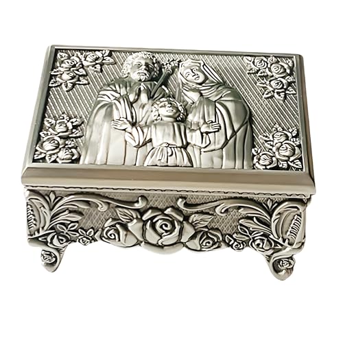 elegantmedical Large Vintage Style Religious Rosary Necklace Box Holy Family Pattern Relief, Antique Silver Finish, Jewelry Storage Case Catholic Gifts