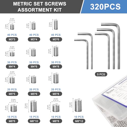 OUTOOOOL 320-piece metric set screw assortment kit with M3–M8 hex socket heads and storage box