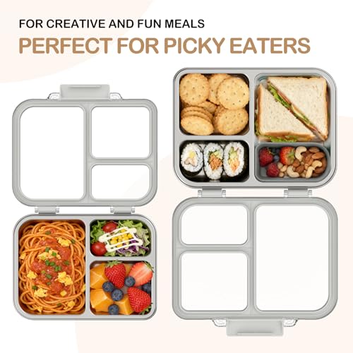 BABHAMNESS Stainless Steel Bento Lunch Box for Kids Adults, 3 Compartments Metal Bento Box with Transparent Lid & Silicone Container for Kids,Dishwasher-Safe,School & Travel,BPA-Free(Grey) Gray