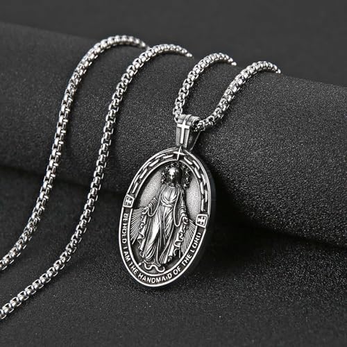 HZMAN Virgin Mary Necklace for Men Women Stainless Steel Vintage Medal Pendant Christian Faith Jewelry