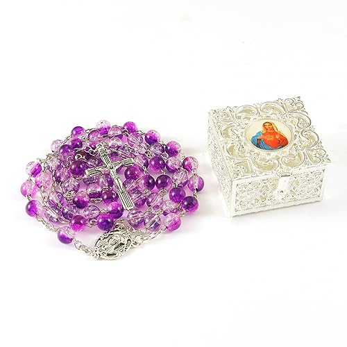 Rosary Beads Catholic for Women With Vintage Jewelry Box, Purple Crystal Rosary Necklace with Metal Gift Box, First Communion Rosary for Anglican Prayer Beads Catholic Gifts Purple-302