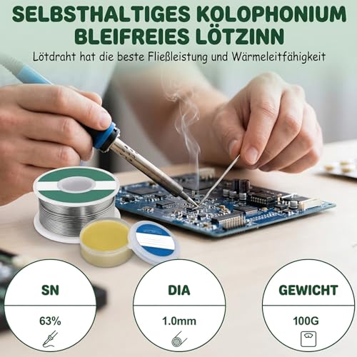 Solder with Flux Set, 100 g, 1 mm Solder and 35 g Rosin Flux, Solder Lead for Electronics Work and Soldering, Practical Soldering Set for Hobby and Professional Use