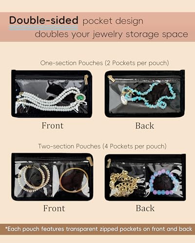 Large Travel Jewelry Box, Hard Shell PU Leather with 20 Zippered Clear Pockets for Earrings Rings Necklaces (Black) Black