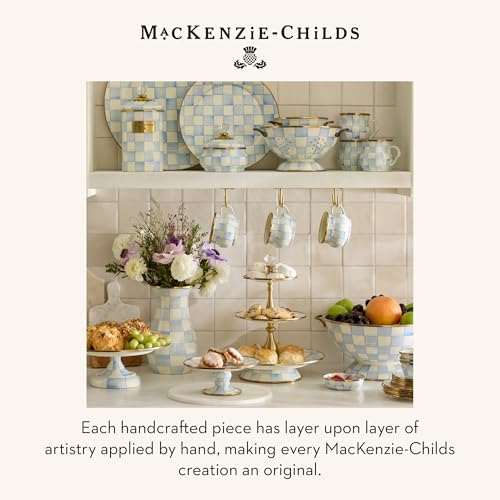 MACKENZIE-CHILDS Enamel Teacup, Unique Coffee and Tea Mug, Enamel Cup for Hot Tea, 10 Ounces, Light-Blue-and-White Sky Check