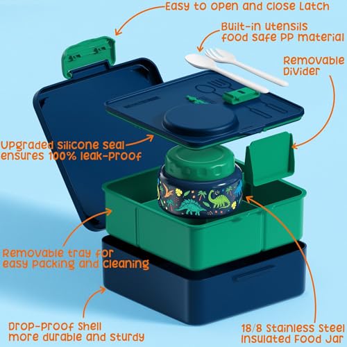 Fimibuke Bento Box for Kids Adult - Leakproof 3-4 Compartments Lunch Bento Box Set with Insulated Food Jar, Water Bottle, Lunch Bag, Sauce Cup & Cutlery for Toddler Teen Shcool Girl Boy Age 3+ A2.Dinosaur