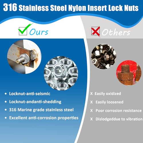 HOTUFELG 316 stainless steel nylon insert lock nuts assortment kit, 4 sizes, 50 pieces