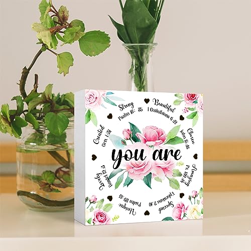Inspirational Wood Box Sign Christian Wooden Block Signs The Bible Verse Quote Desk Décor for Home Office Bedroom Table Décor,Religious Gifts Christian Gifts for Women You Are Created