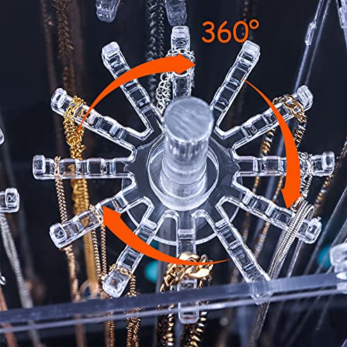 Acrylic Necklace Holder Stand,Clear Necklace Organizer with 24 Hooks,Dustproof Rotation Jewelry Storage Holder,Enclosed Long Necklaces Display Rack Pendant Bracelets Display Case Jewelry Display Box Square