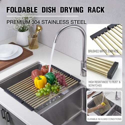 Foldable Nicmondo over sink dish drying rack with brushed gold finish, 19.7" x 11.42", featuring cuttable silicone edge for versatile use.