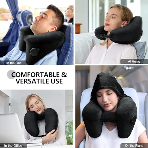 Sunany Neck Pillow for Travel Inflatable Airplane Pillow Comfortably Supports Head,Neck and Chin,Inflatable Travel Pillow with Soft Velour Cover,Portable Drawstring Bag (Black with Hat) Dark Black H-Shape
