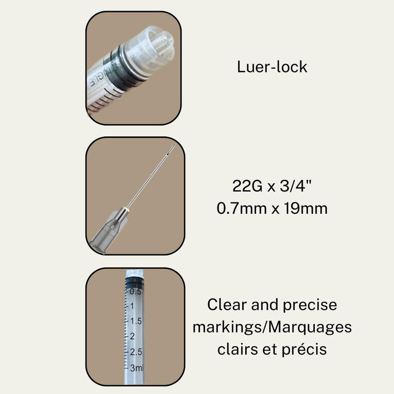 [Australia - AusPower] - Veterinary Syringe with Needle, Luer Lock 3cc (3ml), 22G x 3/4 inch (19mm), Individually Sealed, 100 per box, 03LT2219 
