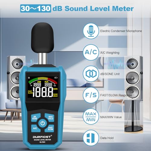 Calibrated decibel meter, DURFICST sound level meter with calibration certificate, dB meter with LCD color screen, dB/SONE units quick switching, backlight, A/C weighting | Volume meter with LCD color screen, MAX/MIN, A/C weighting,...