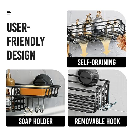 LEVERLOC shower caddy with suction cups and hooks, black, 2-pack, bathroom shower shelf for organizing toiletries.