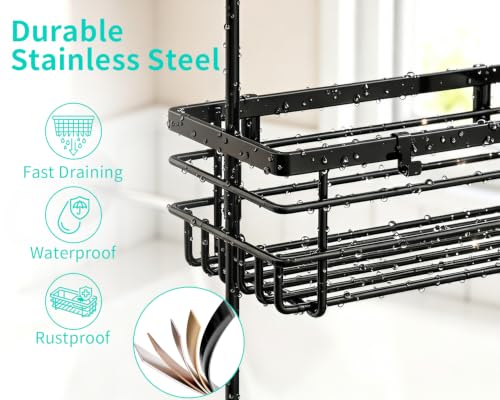 HapiRm Hanging Shower Caddy – For Renters & Small Bathrooms, Fits Shower Curtain Rods, No Drilling, 2 Rustproof 304 Shelves, 4 Hooks, and a Detachable Toothbrush Holder You Can Rinse - Black