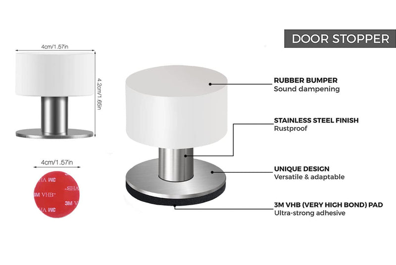 [Australia - AusPower] - Door Stoppers with Extra Stickers, Self-Adhesive Door Stop with White Rubber & Stainless Steel Body - Heavy Duty Sound Dampening Door Bumpers for Home & Office, door stoppers for bottom of door 4cm / 1.65inch 