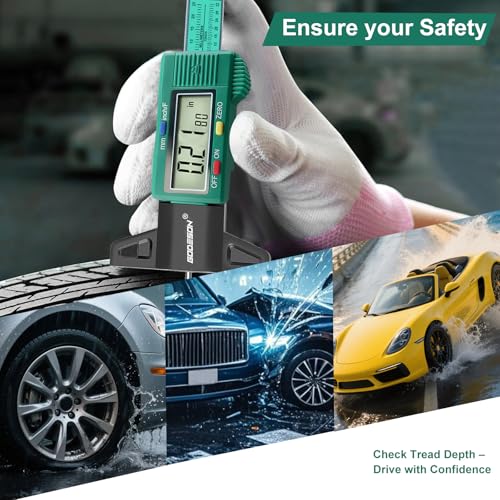 GODESON digital tire tread depth gauge with large LCD screen and green body, measuring in millimeters, inches, and fractions