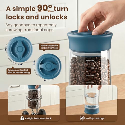 Airtight Glass Storage Jar 27 oz, Easy Open 1/4-Turn Lid Coffee Container Blue+Grey 2PC 27OZ