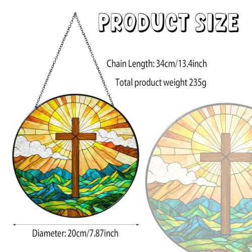 Christian Cross Stained Glass Window Hanging Art Light Sun Christian Gifts for Women Handmade Jesus Suncatchers Decoration for Garden Home Windows Hanging, 7.87inch Cross-02