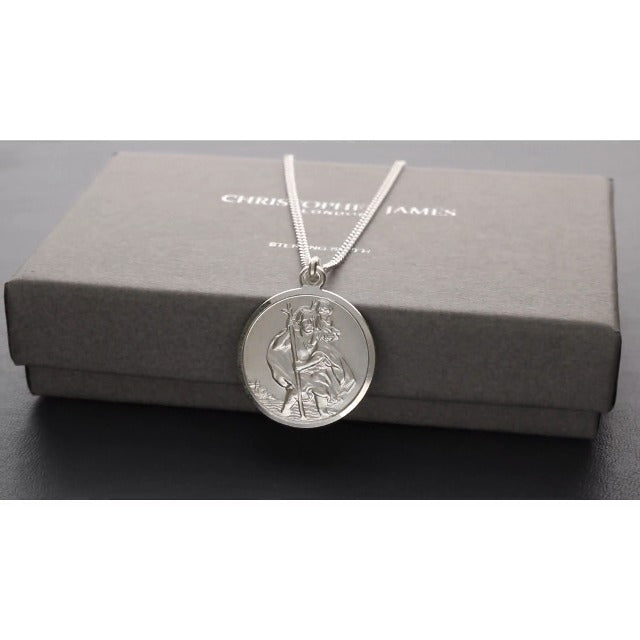 Christopher James of London | Solid 925 Sterling Silver St. Christopher Pendant and Chain 20mm 18" Chain
