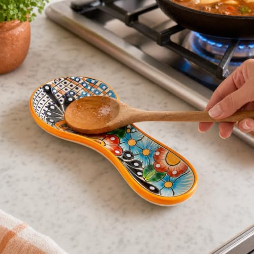 Colorful Mexican Talavera ceramic spoon rest with multicolor patterns, designed by Casa Fiesta Designs for kitchen use.