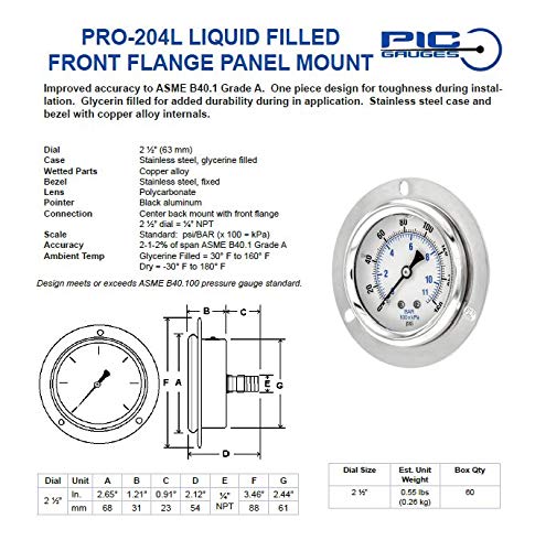 [Australia - AusPower] - PIC Gauges PRO-204L-254S Panel Mount Front Flanged Glycerin Filled Industrial Pressure Gauge w/ SS Case, Brass Internals, Plastic Lens, 2.5" Dial, 0/6000 psi Range, 1/4" Male NPT 0 - 6,000 PSI 