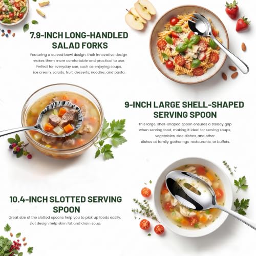 8-Piece Silver Serving Utensils Set, 304 Stainless Steel Large Serving Spoons, Salad Forks, Shell Spoons & Food Tongs, Mirror Polished Catering Serving Supplies for Buffet/Parties/Weddings