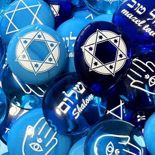 Lifeforce Glass Judaica Glass Stones: Chai, Star of David, Hamsa, Mazel Tov and Shalom on Shades of Blue, Set of 24