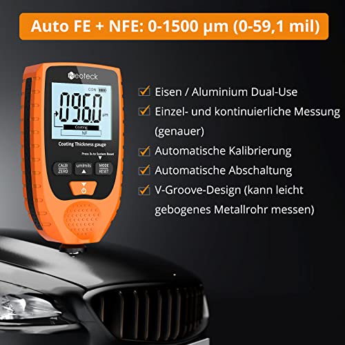 Neoteck Paint Thickness Gauge Car Paint Thickness Gauge with LCD Display for Steel and Aluminum Base Metal 0-1500μm Orange